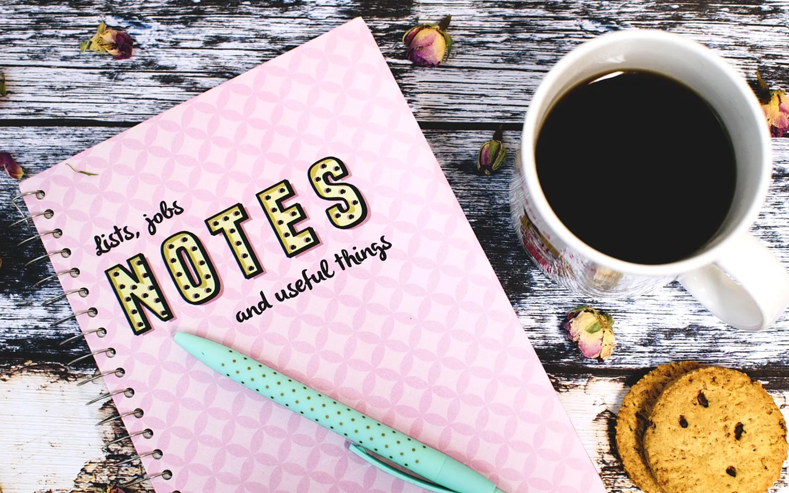Notebook, pen and coffee